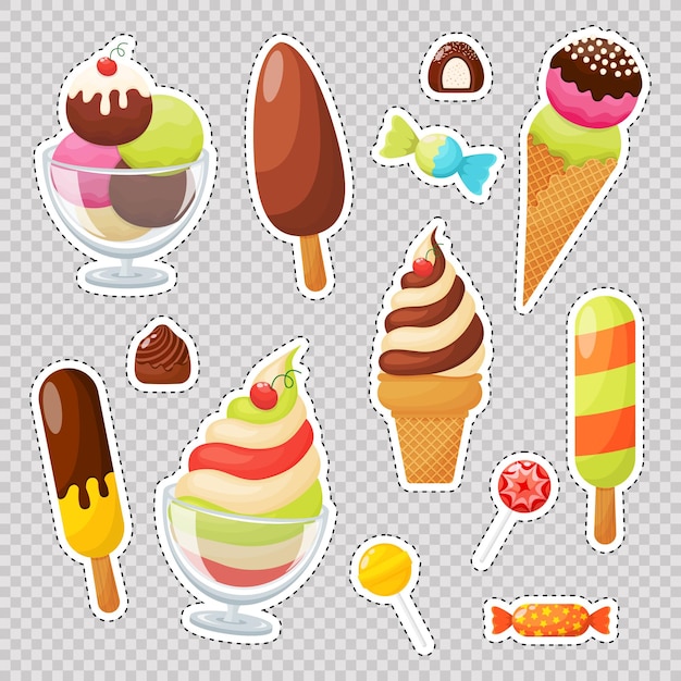 Vector insignias de parche de moda con diferentes tipos de dulces helados y piruletas de chocolate variadas