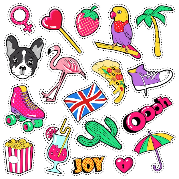 Insignias, parches, pegatinas para chicas de moda: pájaro flamenco, loro de pizza y corazón en estilo cómico. ilustración