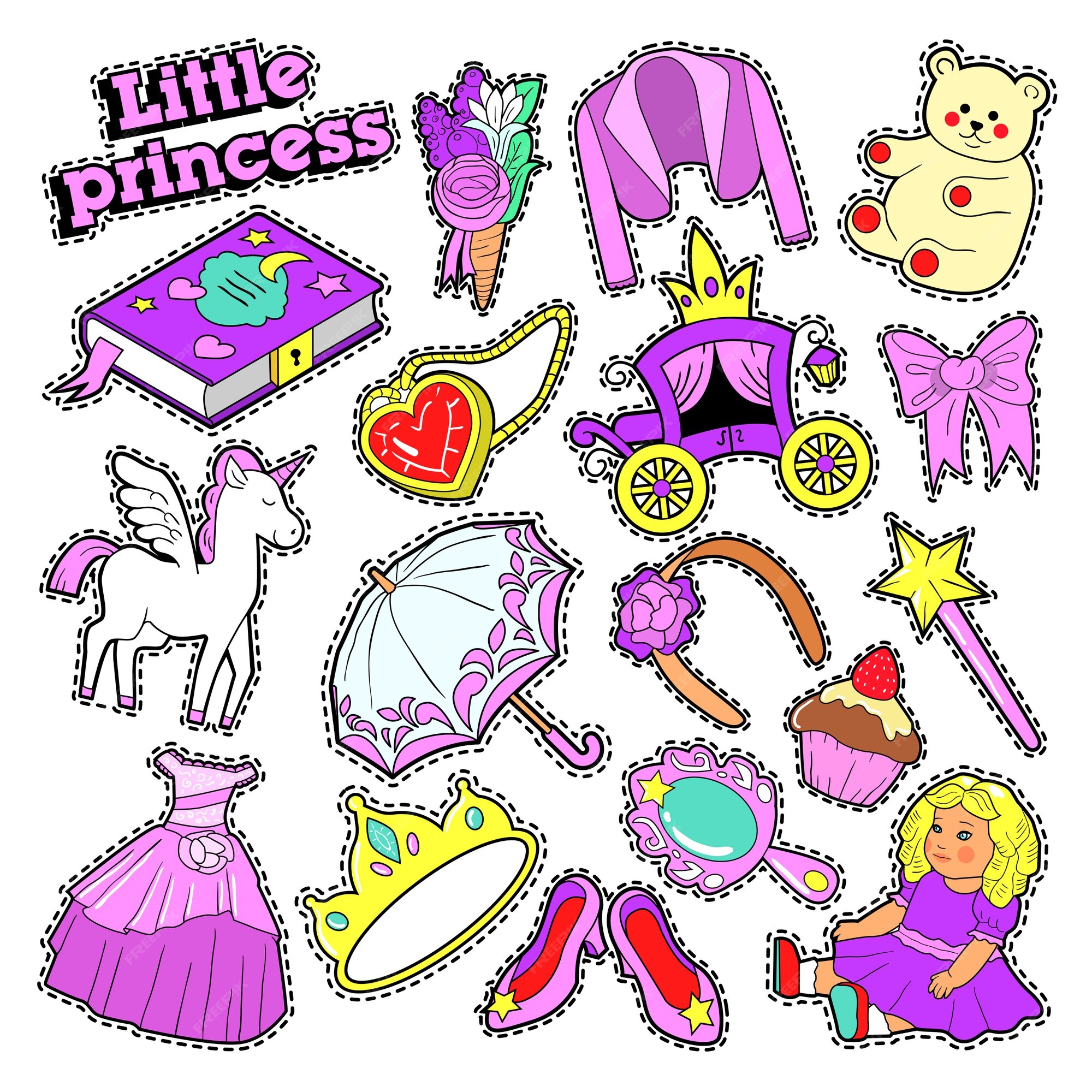 parches, pegatinas con juguetes, unicornio y ropa de princesa niña. | Vector Premium