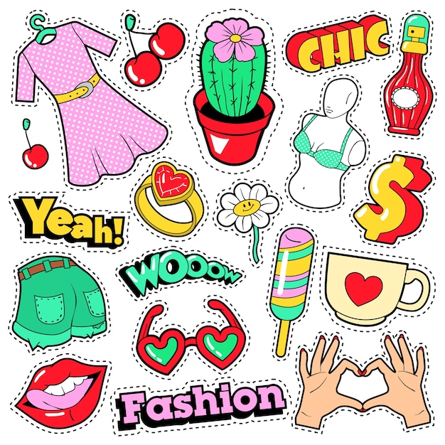 Vector insignias, parches, pegatinas para niñas de moda: ropa, accesorios, labios y manos en estilo cómic pop art.