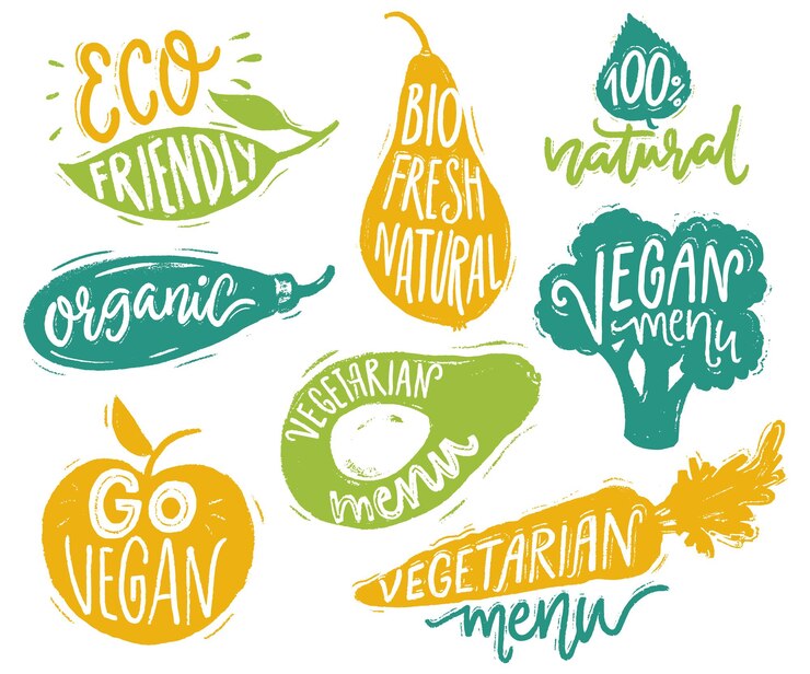 Vector insignias y pegatinas de menú vegetariano para cafés y restaurantes texto vegano en las etiquetas de verduras
