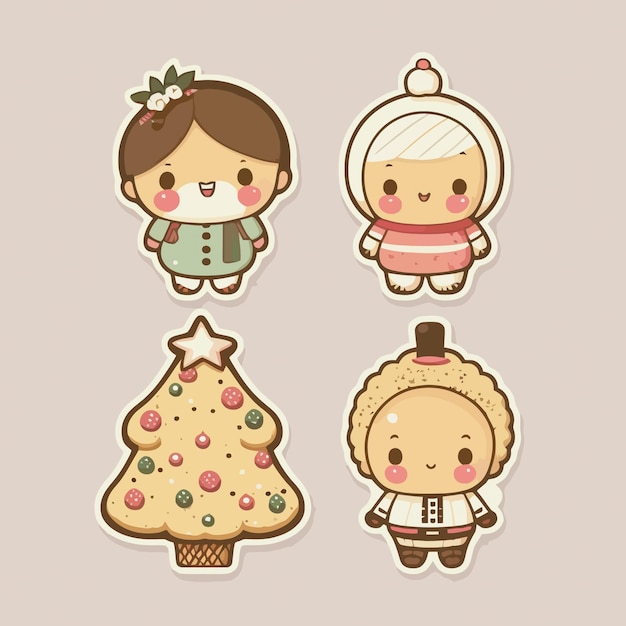 Insignias de personajes y árbol de Navidad de diseño plano. etiquetas de colección de ilustración