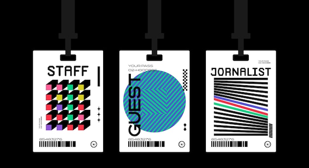 Insignias de plástico, tarjetas de identificación, insignias al estilo de Bauhaus, personal invitado de periodistas.