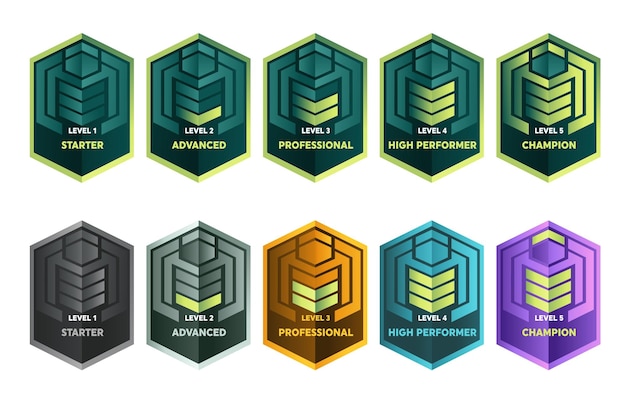 Insignias de rango de estilo futurista con diferentes colores