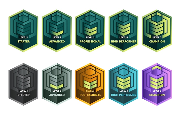 Insignias de rango de estilo futurista con diferentes colores