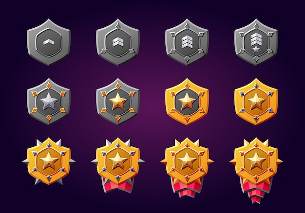 Las insignias de rango de juego 3d se establecen aisladas en el fondo emblemas vectoriales de diferentes niveles con estrella