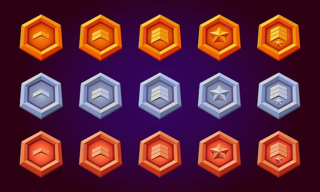 Insignias de rango de nivel de juego Vector realista de plata bronce hexágono de oro con estrellas progreso de nivel