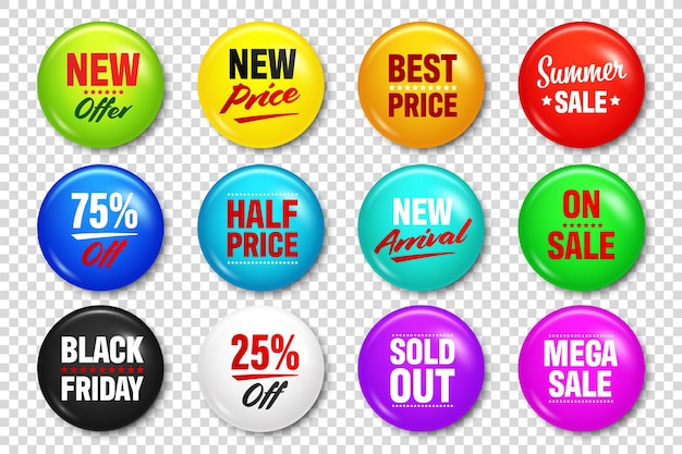 Insignias realistas con texto promoción de productos venta oferta especial botón redondo brillante modelo de insignia de alfiler
