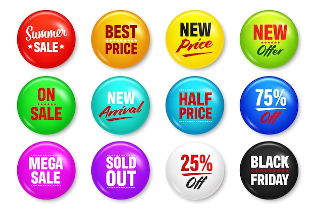 Insignias realistas con texto promoción de productos venta oferta especial botón redondo brillante modelo de insignia de alfiler