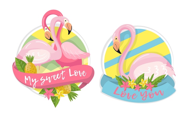 Insignias redondas con flamenco rosado exótico y set vectorial de hojas