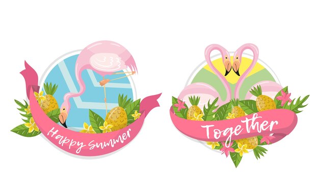 Insignias redondas con flamenco rosado exótico y set vectorial de hojas