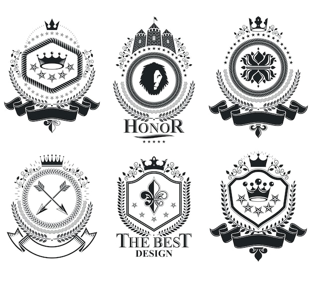 Insignias retro vintage. elementos de diseño vectorial. colección de escudo de armas, conjunto de vectores.