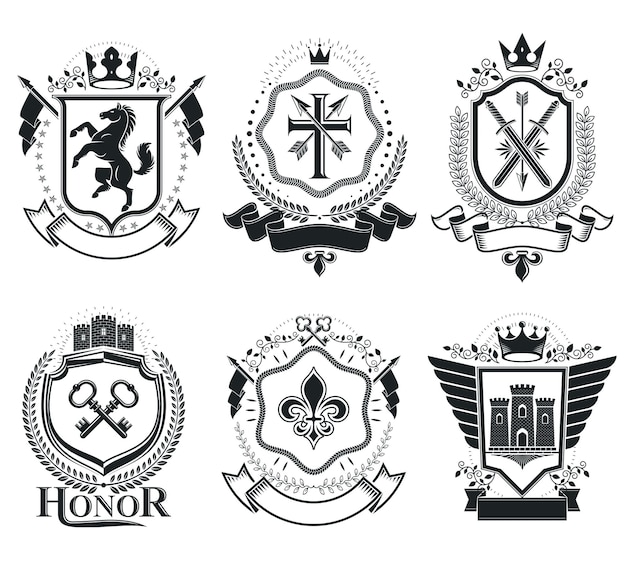 Insignias retro vintage. elementos de diseño vectorial. colección de escudo de armas, conjunto de vectores.