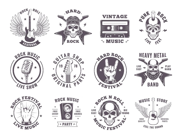 Insignias de rock Elementos musicales Alas de guitarra Micrófono Moto Emblemas de fuego Símbolos monocromáticos vectoriales exactos Colección de ilustración de rock de guitarra musical