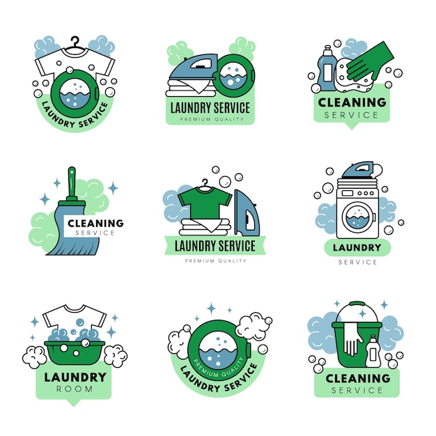 Insignias de servicio de lavandería Conjunto de logotipos con lugar para texto Servicio de limpieza vectorial reciente y herramientas profesionales