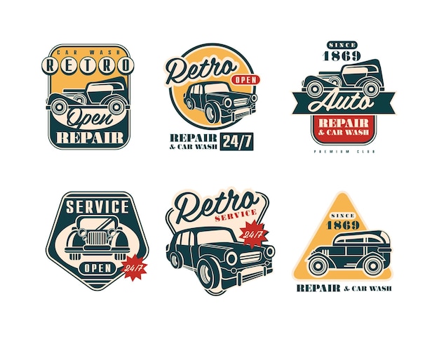 Insignias de servicio y reparación de automóviles con conjunto vectorial de automóviles retro