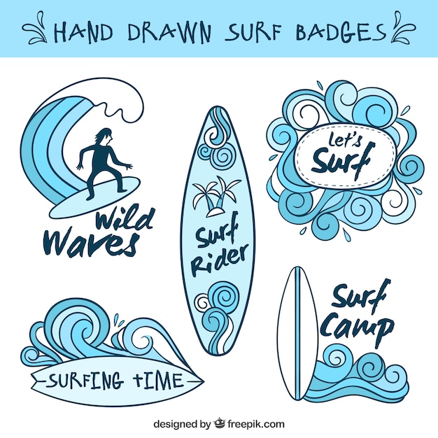 Insignias de surf celestes dibujadas a mano