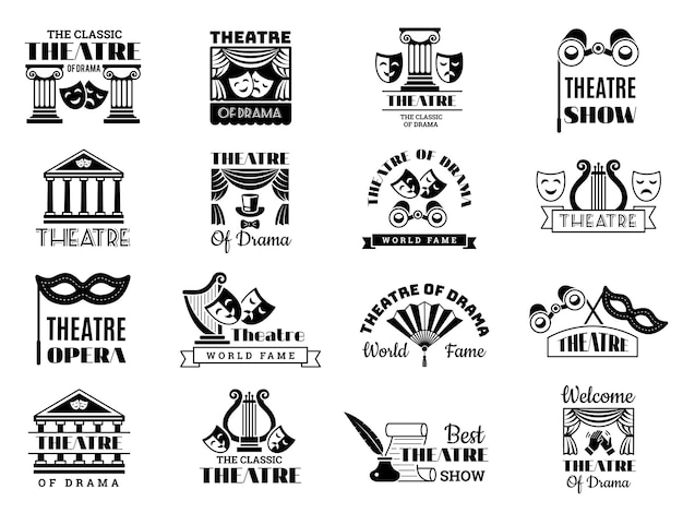 Insignias de teatro. Broadway emblema espectáculo de entretenimiento fiesta logo vintage símbolos de cine ilustraciones vectoriales recientes. Teatro monocromo entretenimiento embelem