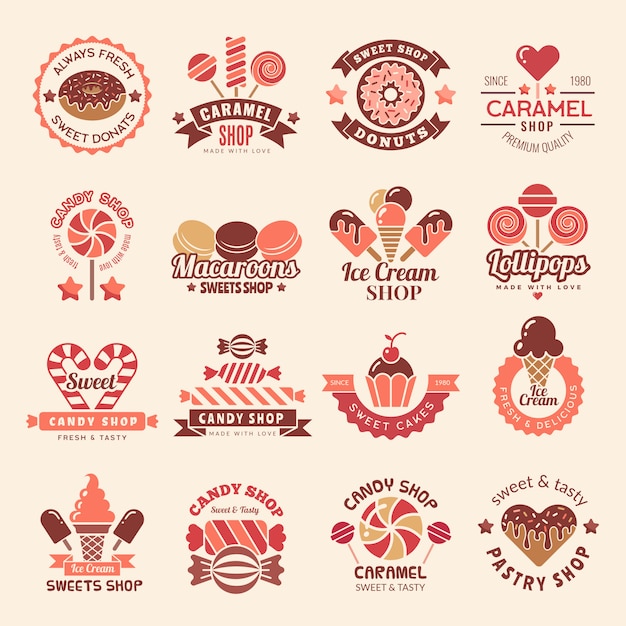 Insignias de la tienda de golosinas. símbolo de piruleta de pastelitos de galletas dulces para la colección de logotipos de confitería