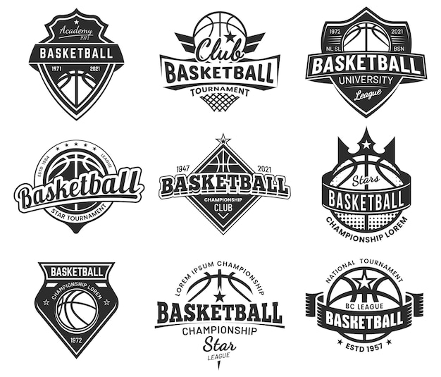 Insignias del torneo deportivo del equipo de baloncesto, liga universitaria y club campeón, emblemas. Baloncesto o streetball college y letreros del equipo universitario, pelota con alas y escudos de estrellas, pancartas