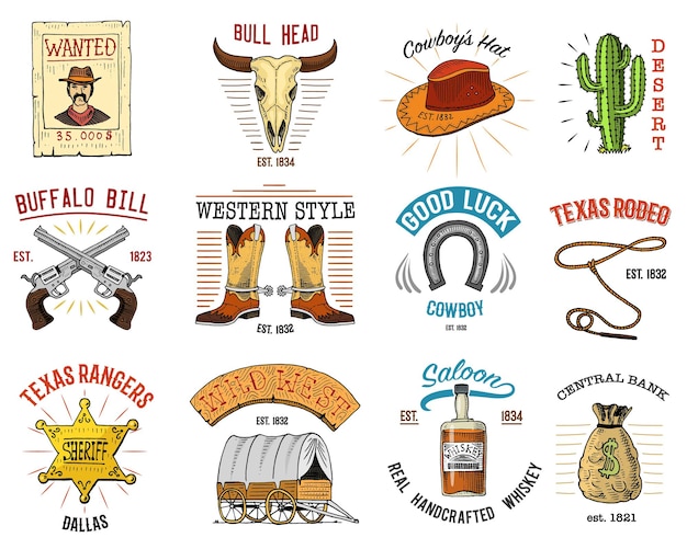 Insignias de vaquero Rodeo del oeste salvaje o indios con sombrero de lazo y bota de estrella de sheriff con herradura grabada a mano dibujada en boceto antiguo o estilo vintage y etiquetas para estampados logotipo o emblema