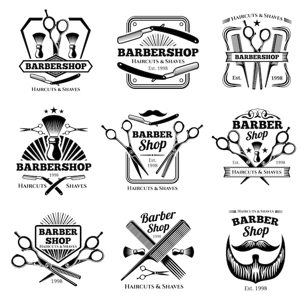 Vector insignias de vector de peluquería retro. modernas etiquetas de peluquería y emblemas de peluquería.