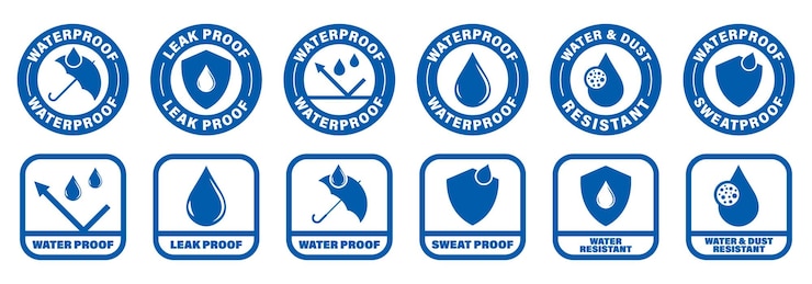 Vector insignias vectoriales resistentes al agua y al polvo colección de etiquetas a prueba de agua y sudor