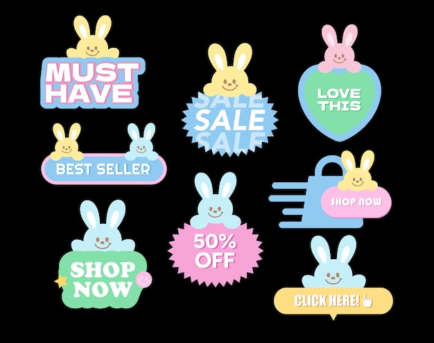 Insignias de venta de conejos como Must Have Best Seller Love This Shop Now 50 OFF Haga clic aquí para los anuncios de iconos