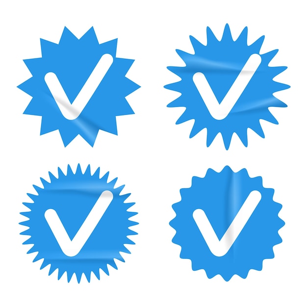 Insignias verificadas con textura arrugada grunge conjunto azul confirmar símbolo cuenta de redes sociales aprobar icono vector ilustración aislada sobre fondo blanco