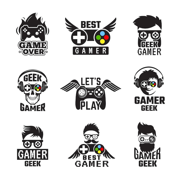 Insignias de videojuegos Controlador de consola Joystick para etiquetas vectoriales geek de juegos Joystick para controlador de videojuegos e ilustración de gadgets
