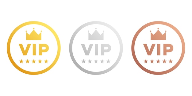 Vector insignias vip en color oro, plata y bronce y etiqueta redonda con tres ilustraciones vectoriales de nivel vip