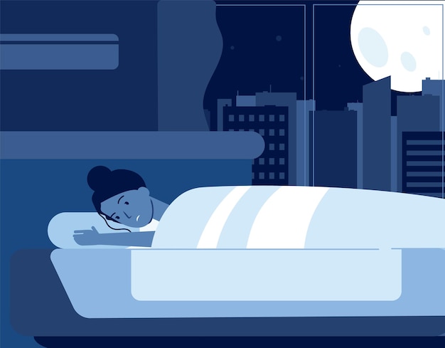 Vector insomnio femenino. mujer en la cama, niña por la noche no puede dormir.