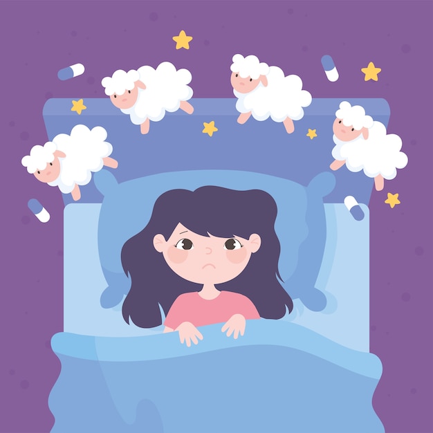 Vector insomnio, niña en la cama contando ovejas ilustración vectorial de dibujos animados