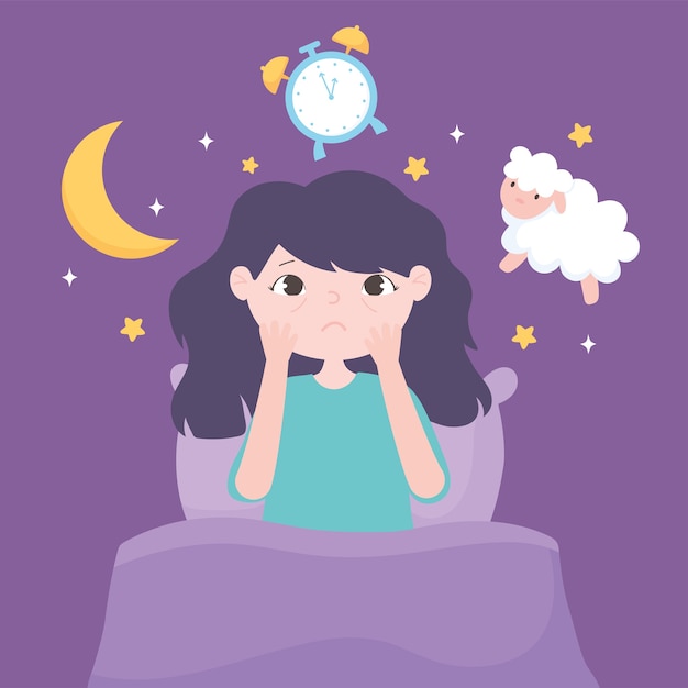 Vector insomnio, niña sentada en la cama oveja reloj luna ilustración vectorial