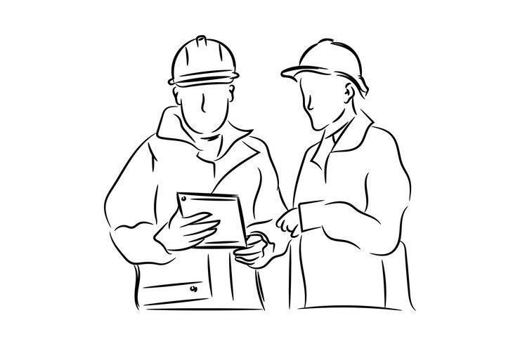 Vector inspección de análisis de los ingenieros y comprobación del progreso ilustración vectorial de arte de líneas dibujada a mano