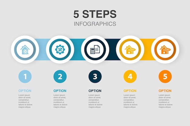 Vector inspección de propiedad servicio de mantenimiento contabilidad propiedad alquiler propiedad venta iconos infografía diseño plantilla concepto de presentación creativa con 5 pasos