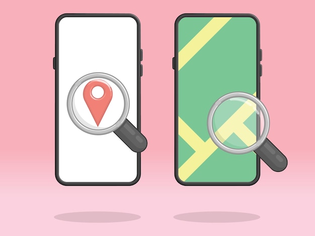 Inspección de la ubicación del pin del mapa de la lupa del teléfono inteligente