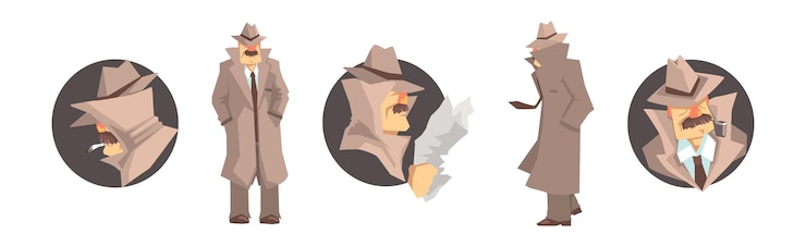 Vector inspecting man detective personaje en set vectorial de sombrero y abrigo
