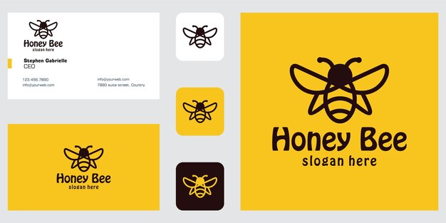 Inspiración de diseño de logotipo de abeja de arte lineal y tarjeta de visita