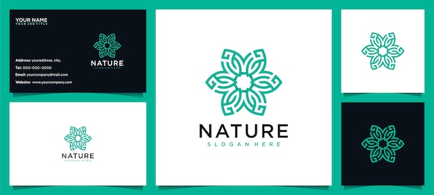 Inspiración de diseño de logotipo de flores para el cuidado de la piel, yoga, cosmética, salones y spa, con concepto de línea y tarjeta de visita