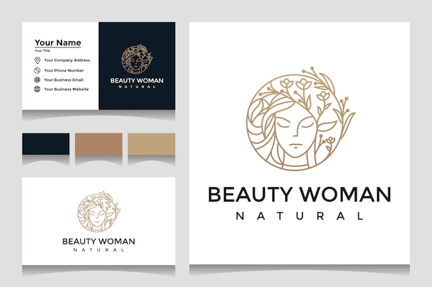 Inspiración de diseño de logotipo de mujer de belleza con tarjeta de visita para el cuidado de la piel, salón con combinación de hojas