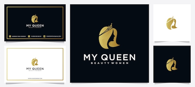 Inspiración de diseño de logotipo de mujeres de belleza con tarjetas de presentación para el cuidado de la piel, salones y spas, con combinación de corona