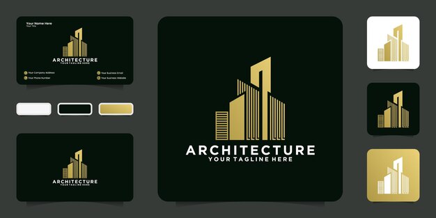 Inspiración en el diseño de logotipos de rascacielos con lujosos colores dorados y tarjetas de visita.