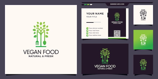 Inspiración de logotipo de comida vegana con un concepto moderno único y diseño de tarjeta de visita vector premium