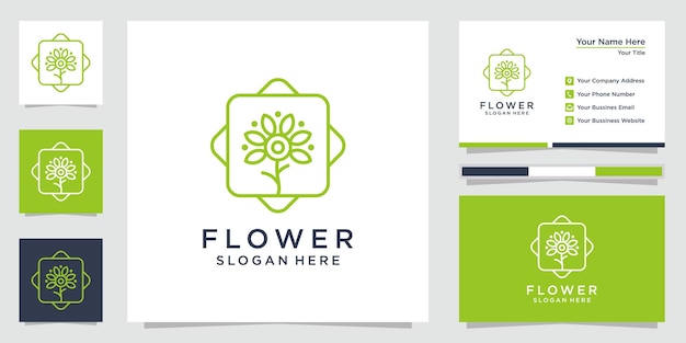 Inspiración de logotipo floral creativo con estilo de arte lineal y tarjeta de visita vector premium