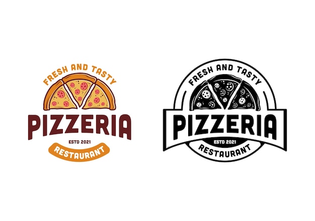 Inspiración de la plantilla del diseño del logotipo del restaurante de la pizza del vintage, redondo circular de la insignia de la etiqueta del sello