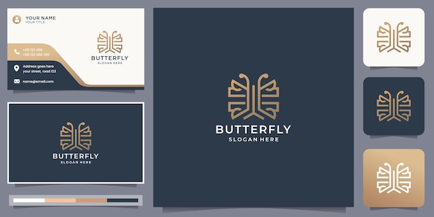 Inspiración de plantilla de logotipos de mariposas geométricas minimalistas con diseño de color dorado de tarjetas de visita.