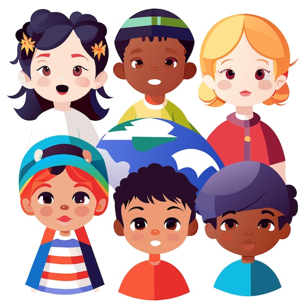 Vector inspiradora inclusión de niños multirraciales con obras de arte digitales