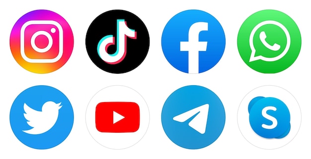 Instagram TikTok Facebook Whatsapp Twitter YouTube Telegram Iconos de aplicaciones de Skype alrededor de logotipos de redes sociales