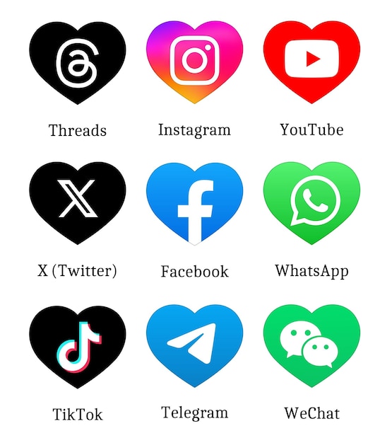 Vector instagram tiktok facebook whatsapp x twitter telegram y wechat iconas de aplicaciones en forma de corazón las redes sociales